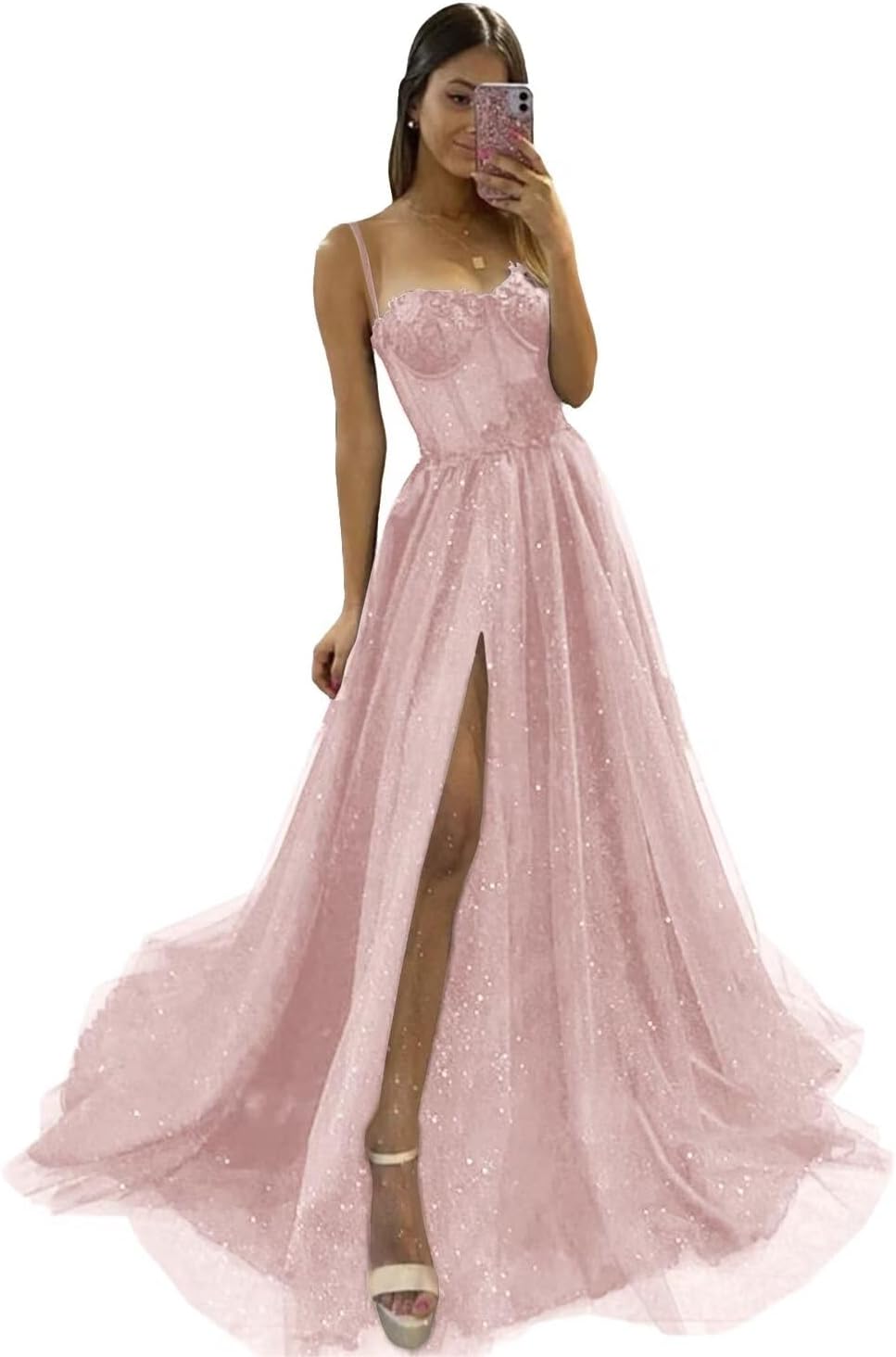 Glitter Tulle Prom Dresses Long 2025 Spaghetti Straps Sweetheart 3D Flowers Evening Party Gowns with Slit-BMbridal.UK