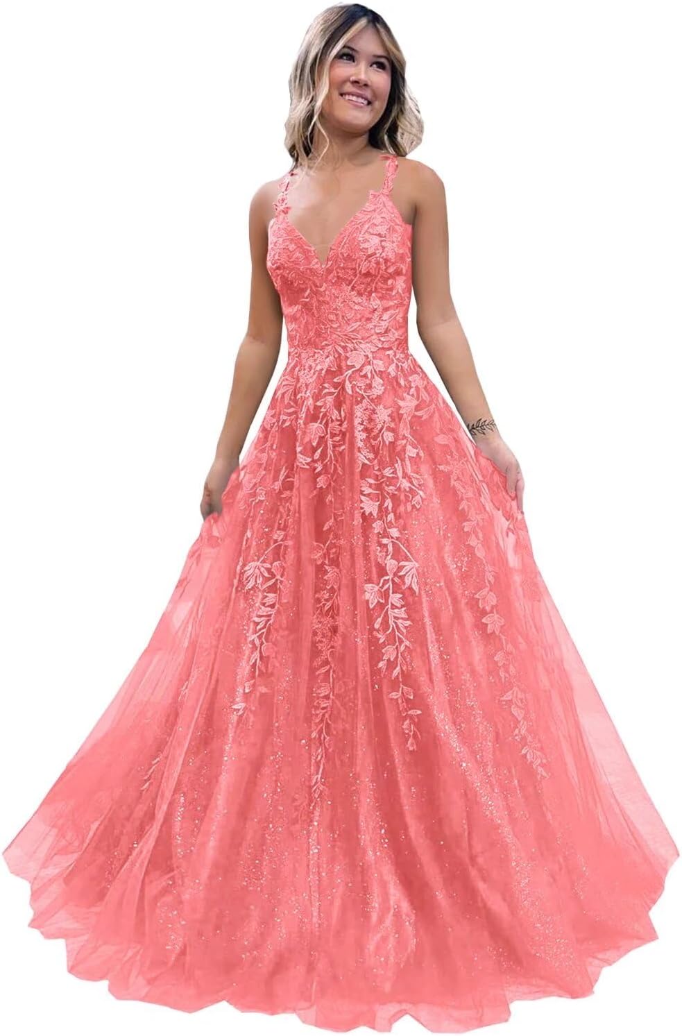 Tulle Lace Appliques Sparkly Prom Dresses A Line with Slit V Neck Formal Party Dress-BMbridal.UK