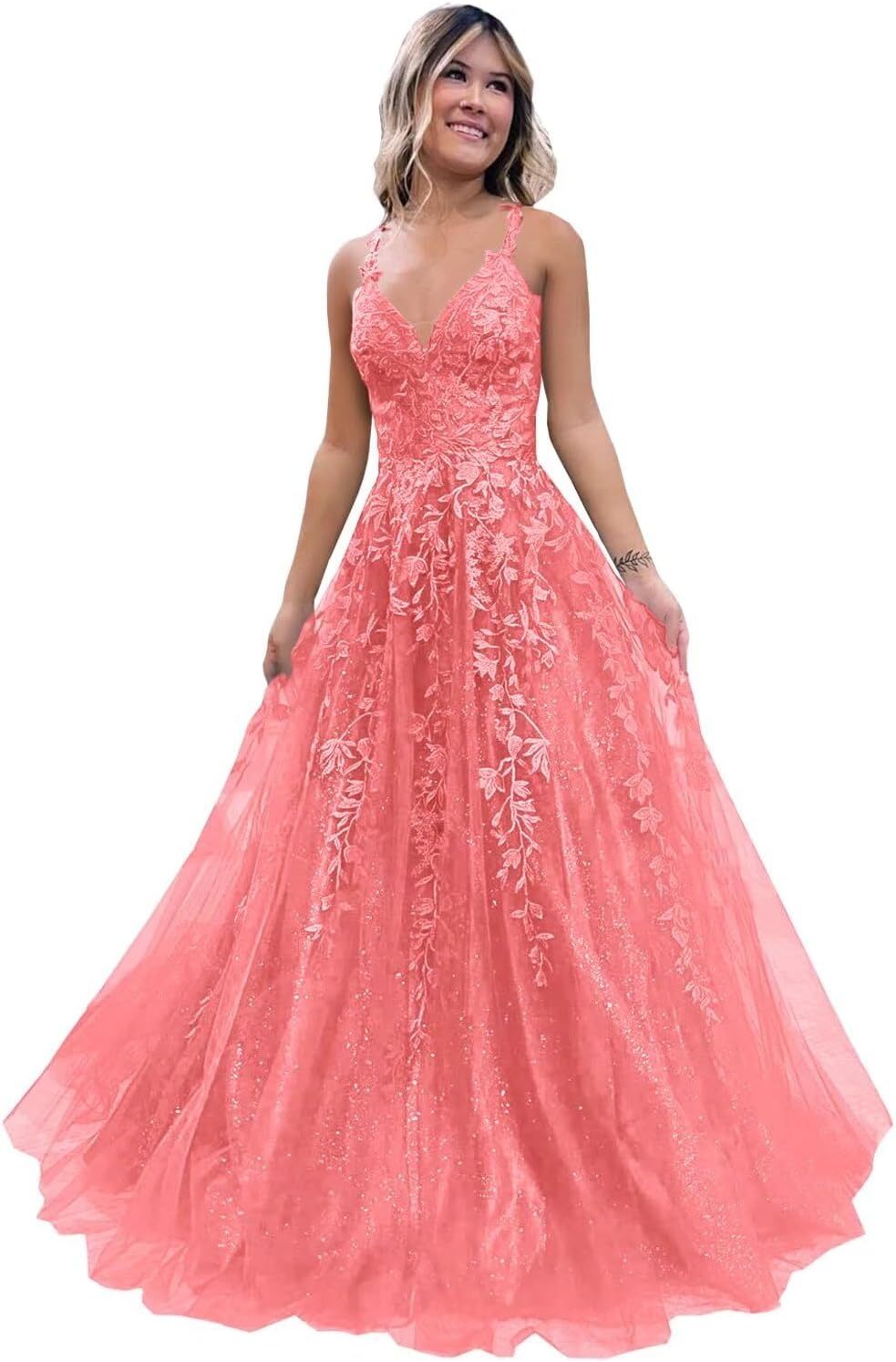 Tulle Lace Appliques Sparkly Prom Dresses A Line with Slit V Neck Formal Party Dress-BMbridal.UK