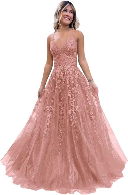 Tulle Lace Appliques Sparkly Prom Dresses A Line with Slit V Neck Formal Party Dress-BMbridal.UK