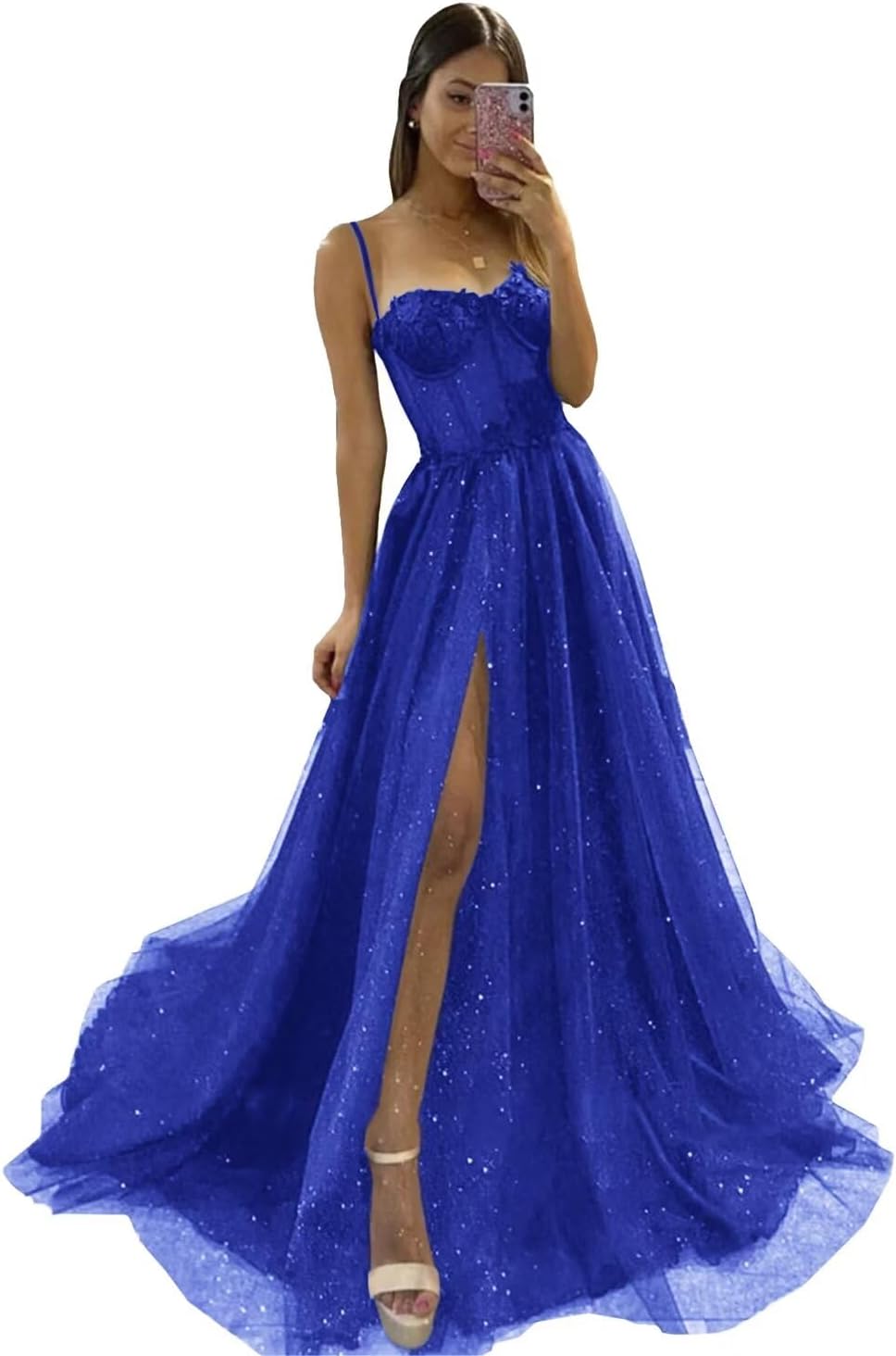 Glitter Tulle Prom Dresses Long 2025 Spaghetti Straps Sweetheart 3D Flowers Evening Party Gowns with Slit-BMbridal.UK