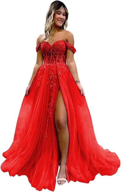 Off The Shoulder Tulle Prom Dresses with Slit Laces Applique Sweetheart Long Formal Evening Party Gowns-BMbridal.UK