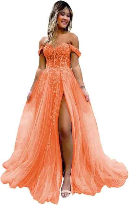 Off The Shoulder Tulle Prom Dresses with Slit Laces Applique Sweetheart Long Formal Evening Party Gowns-BMbridal.UK