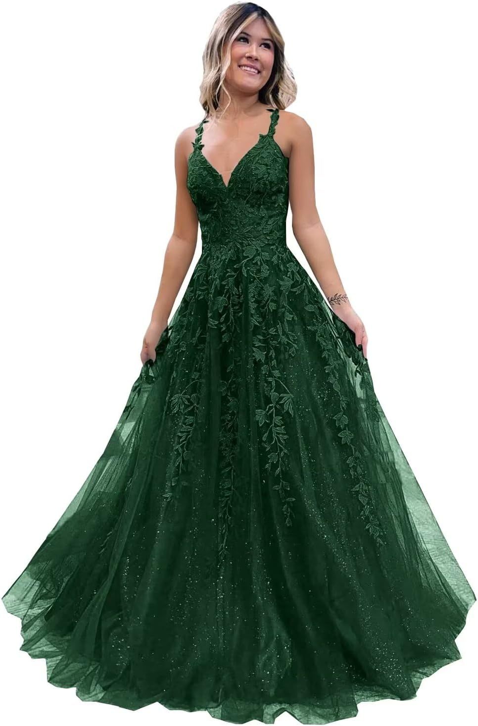Tulle Lace Appliques Sparkly Prom Dresses A Line with Slit V Neck Formal Party Dress-BMbridal.UK