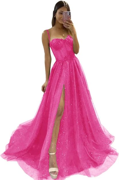 Glitter Tulle Prom Dresses Long 2025 Spaghetti Straps Sweetheart 3D Flowers Evening Party Gowns with Slit-BMbridal.UK