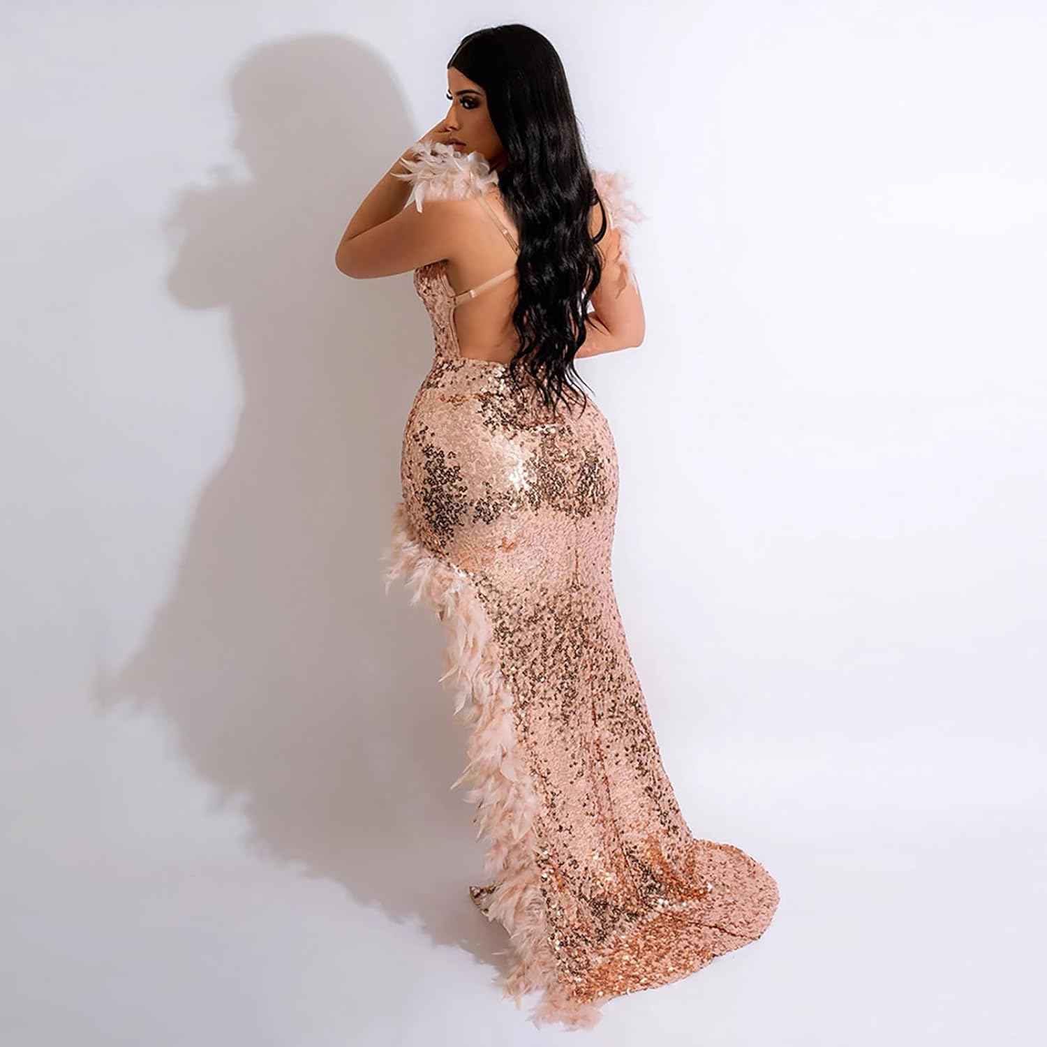 Women's Sexy Sequin Feather Prom Dresses 2025 High Slit Deep V Neck Evening Formal Masquerade Ball Gown Maxi Dress-BMbridal.UK