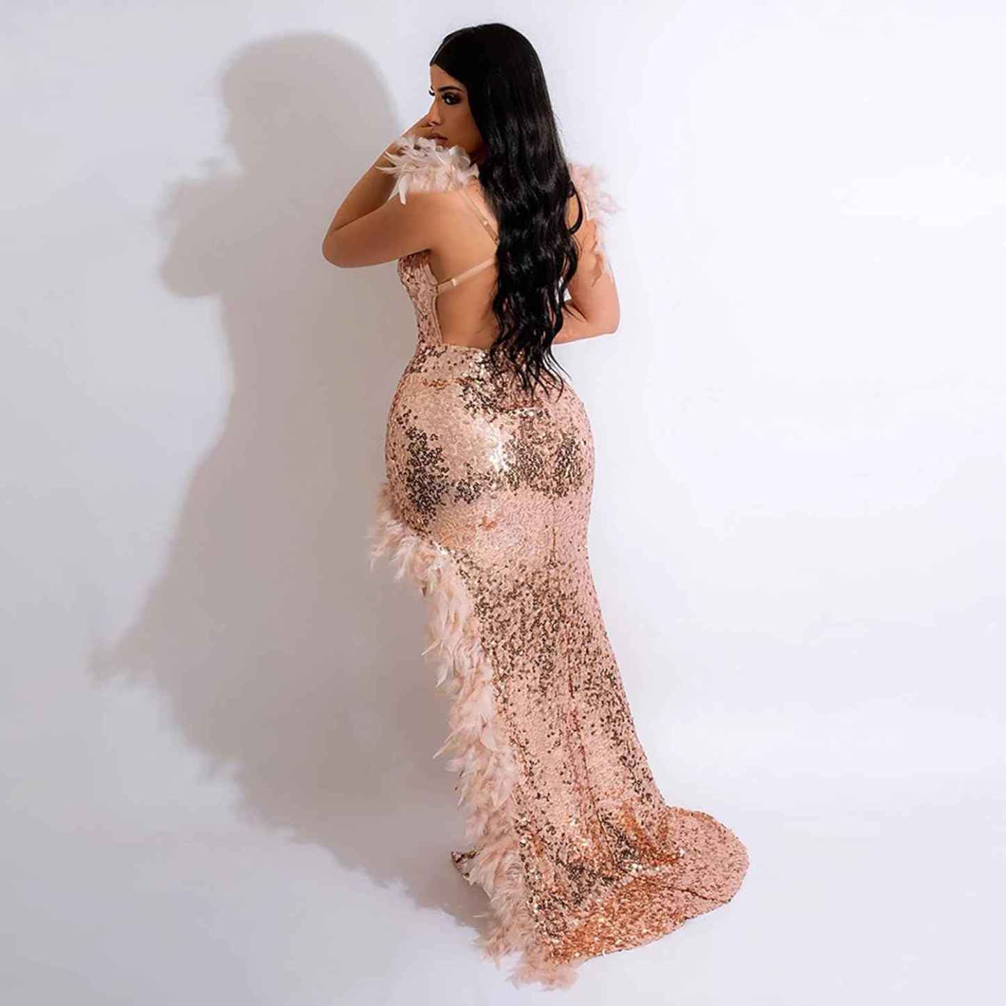 Women's Sexy Sequin Feather Prom Dresses 2025 High Slit Deep V Neck Evening Formal Masquerade Ball Gown Maxi Dress-BMbridal.UK