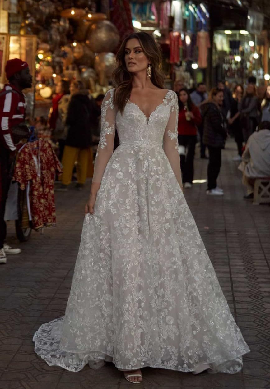 Women's Beach Spaghetti Strap Wedding Dresses for Bride 2025 Boho Long Lace Bridal Gowns for Wedding-BMbridal.UK