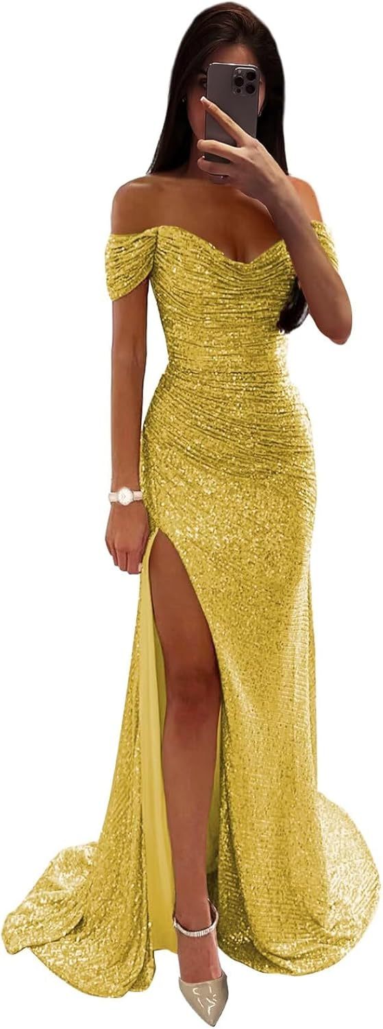 Sequin Prom Dresses for Women Off Shoulder V-Neck Long Ball Gown with Slit Formal Evening Party-BMbridal.UK