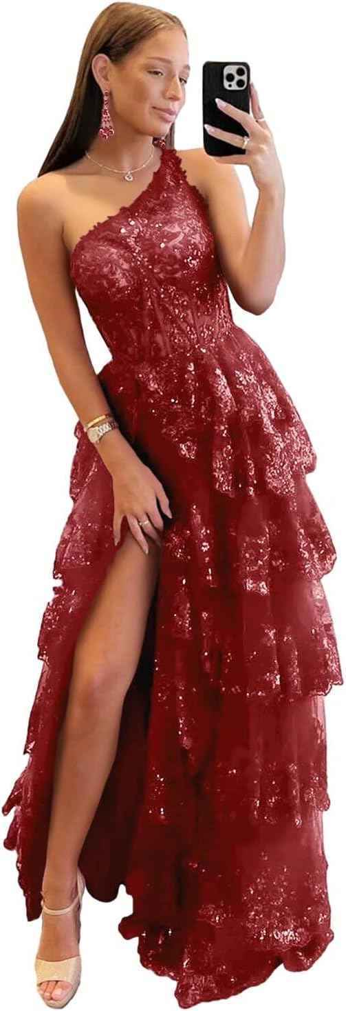 One Shoulder Lace Tulle Tiered Prom Dress Sparkly Sequined Applique Long Maxi Formal Evening Party Gowns 2025-BMbridal.UK
