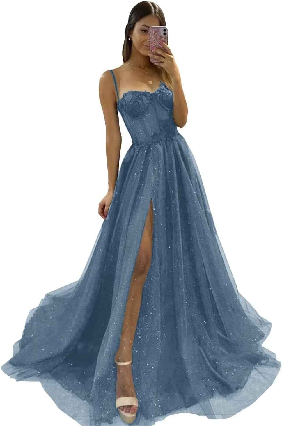 Glitter Tulle Prom Dresses Long 2025 Spaghetti Straps Sweetheart 3D Flowers Evening Party Gowns with Slit-BMbridal.UK