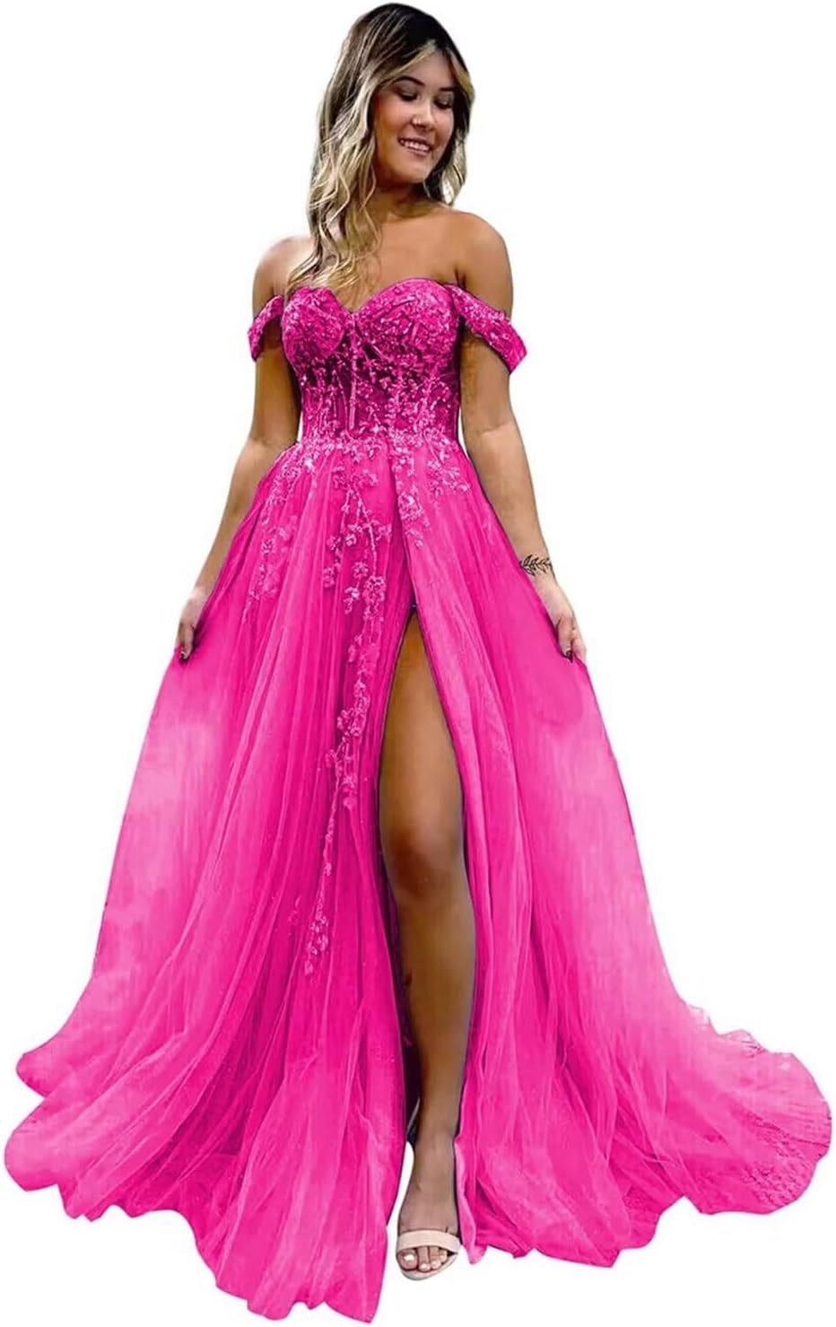 Off The Shoulder Tulle Prom Dresses with Slit Laces Applique Sweetheart Long Formal Evening Party Gowns-BMbridal.UK