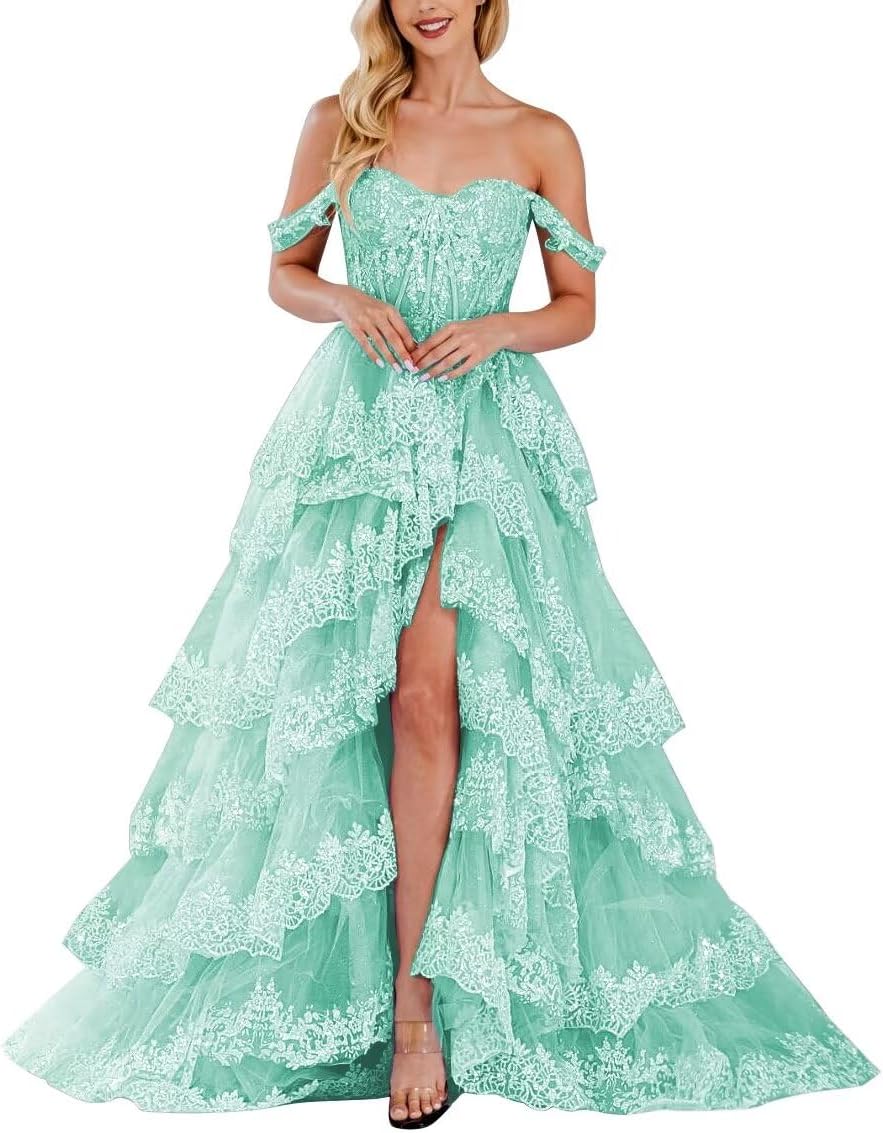Lace Appliques Prom Dresses for Women Sparkly Tiered Tulle Off The Shoulder Formal Evening Gowns with Slit-BMbridal.UK