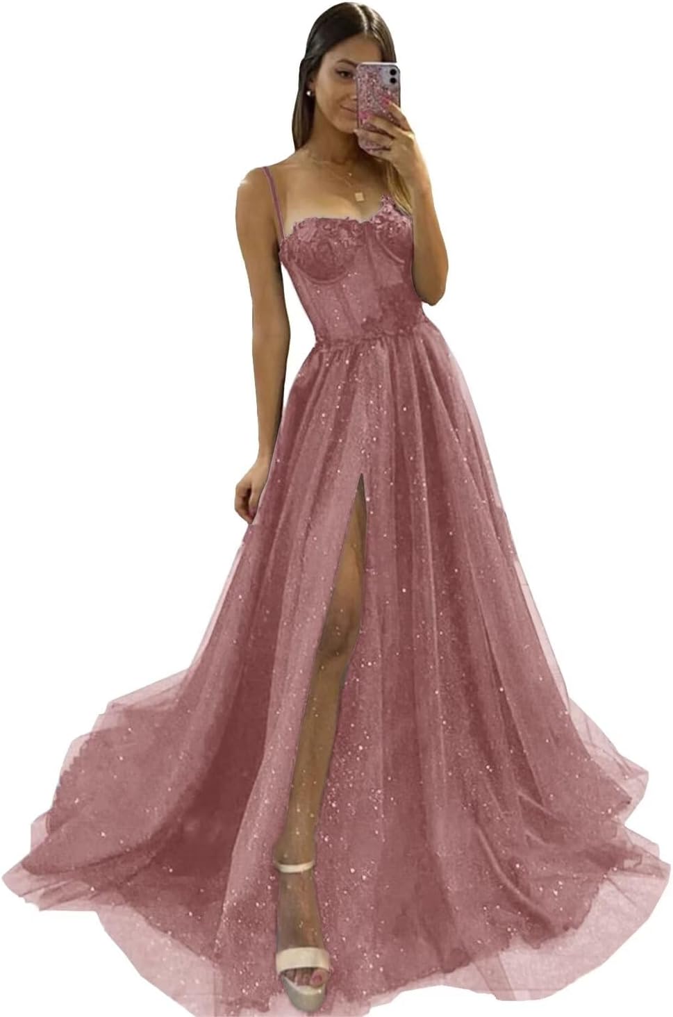 Glitter Tulle Prom Dresses Long 2025 Spaghetti Straps Sweetheart 3D Flowers Evening Party Gowns with Slit-BMbridal.UK