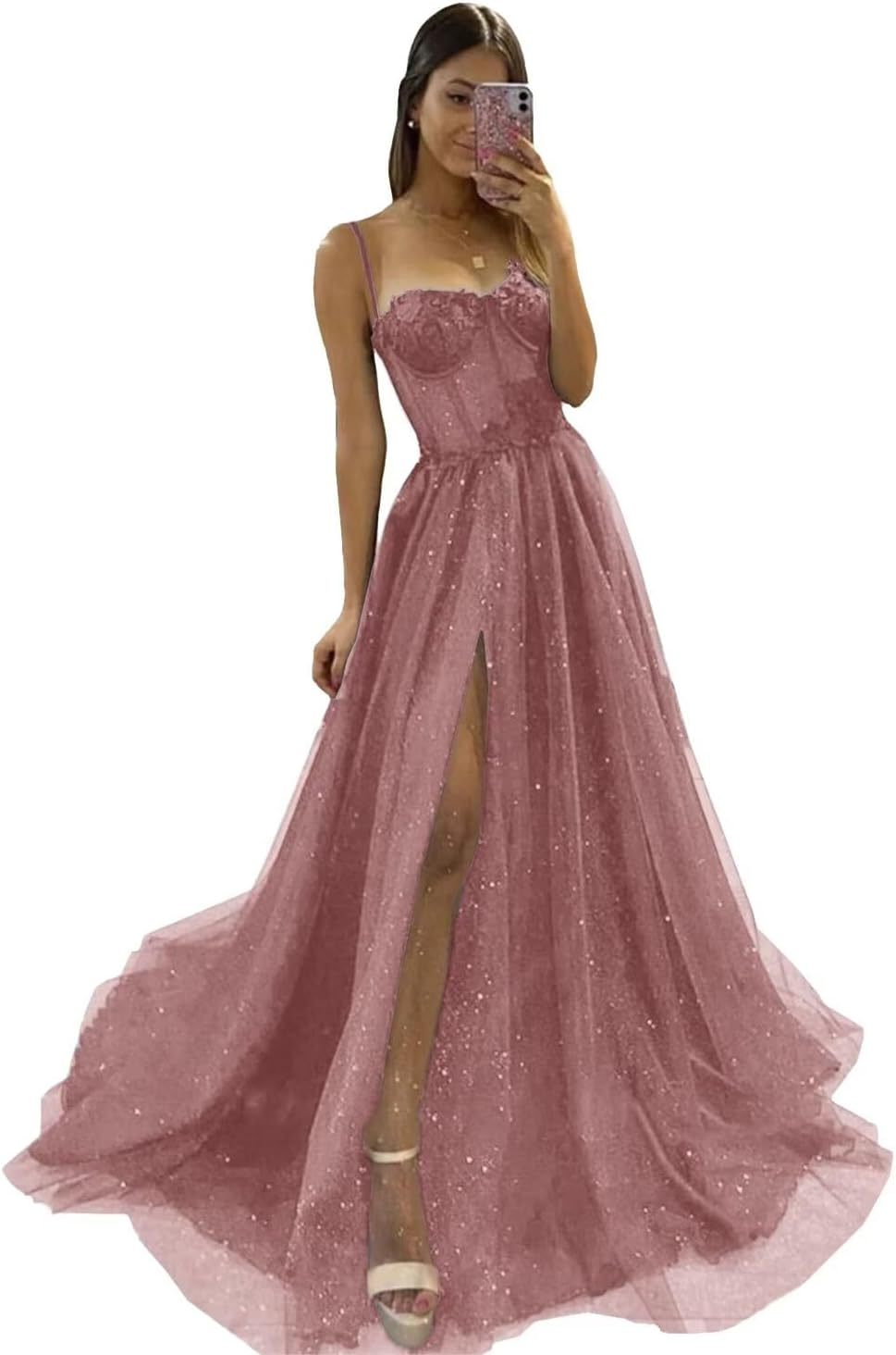 Glitter Tulle Prom Dresses Long 2025 Spaghetti Straps Sweetheart 3D Flowers Evening Party Gowns with Slit-BMbridal.UK