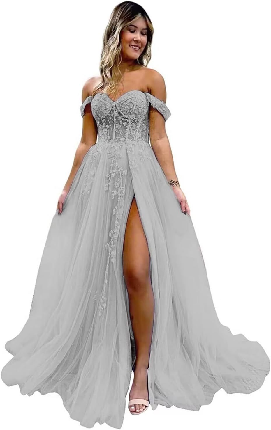 Off The Shoulder Tulle Prom Dresses with Slit Laces Applique Sweetheart Long Formal Evening Party Gowns-BMbridal.UK