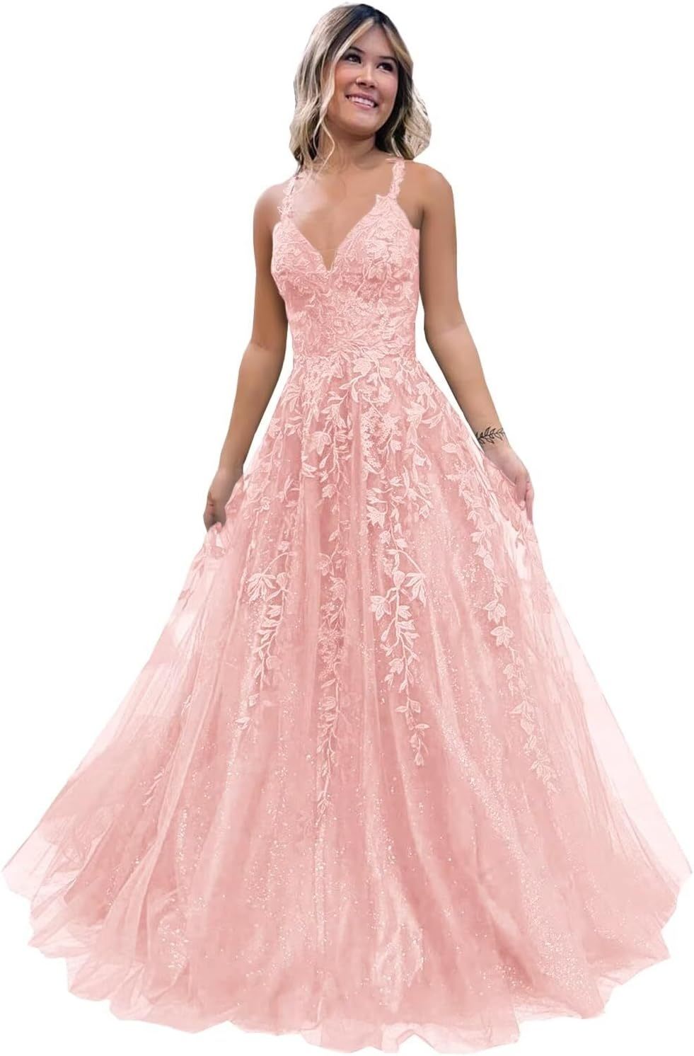 Tulle Lace Appliques Sparkly Prom Dresses A Line with Slit V Neck Formal Party Dress-BMbridal.UK