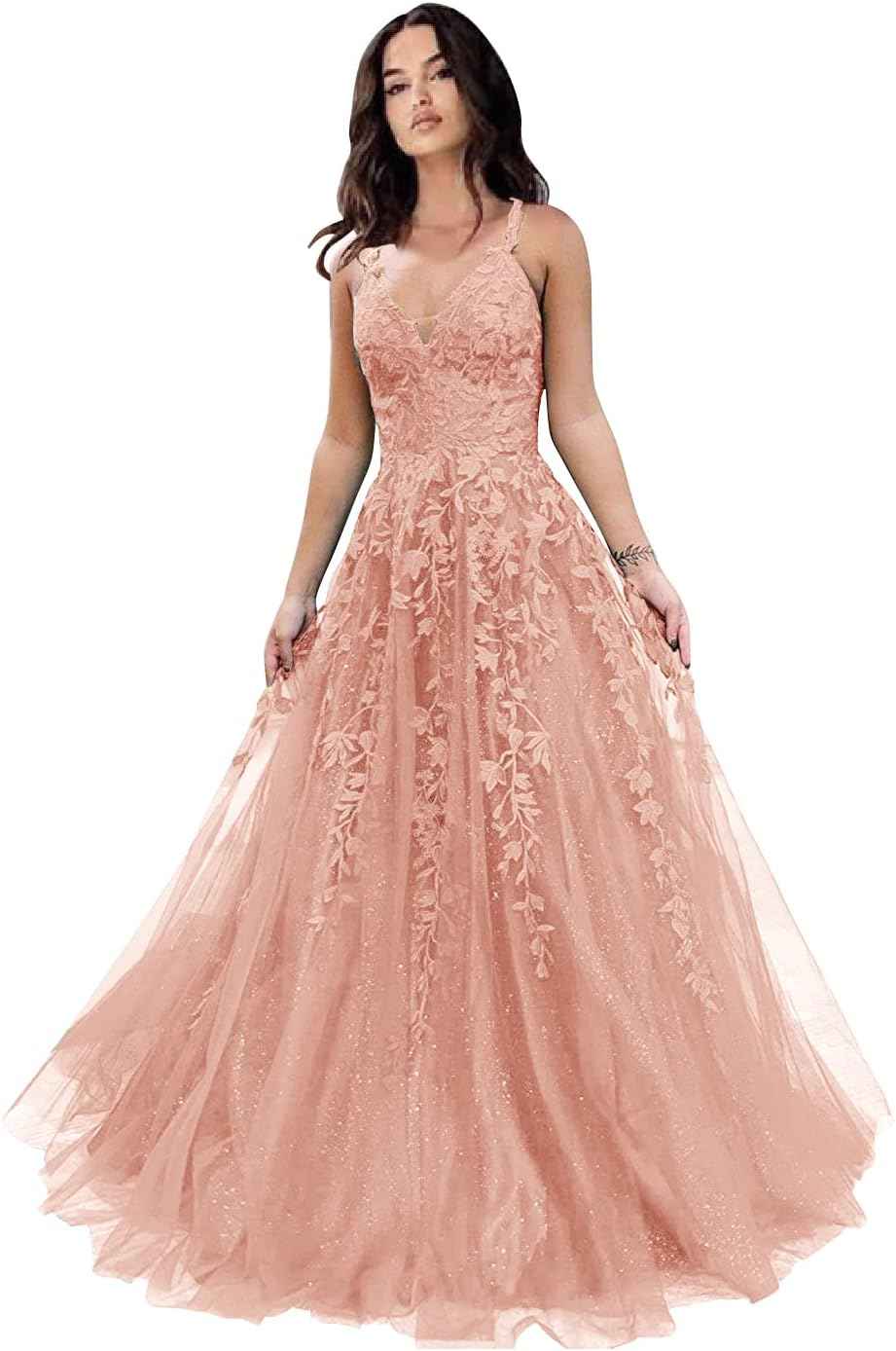 Tulle Prom Dresses for Women 2025 Sparkly Lace Appliques Long Ball Gowns Spaghetti Straps A-Line Evening Gowns-BMbridal.UK