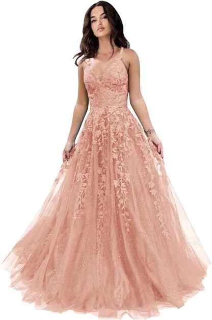 Tulle Prom Dresses for Women 2025 Sparkly Lace Appliques Long Ball Gowns Spaghetti Straps A-Line Evening Gowns-BMbridal.UK
