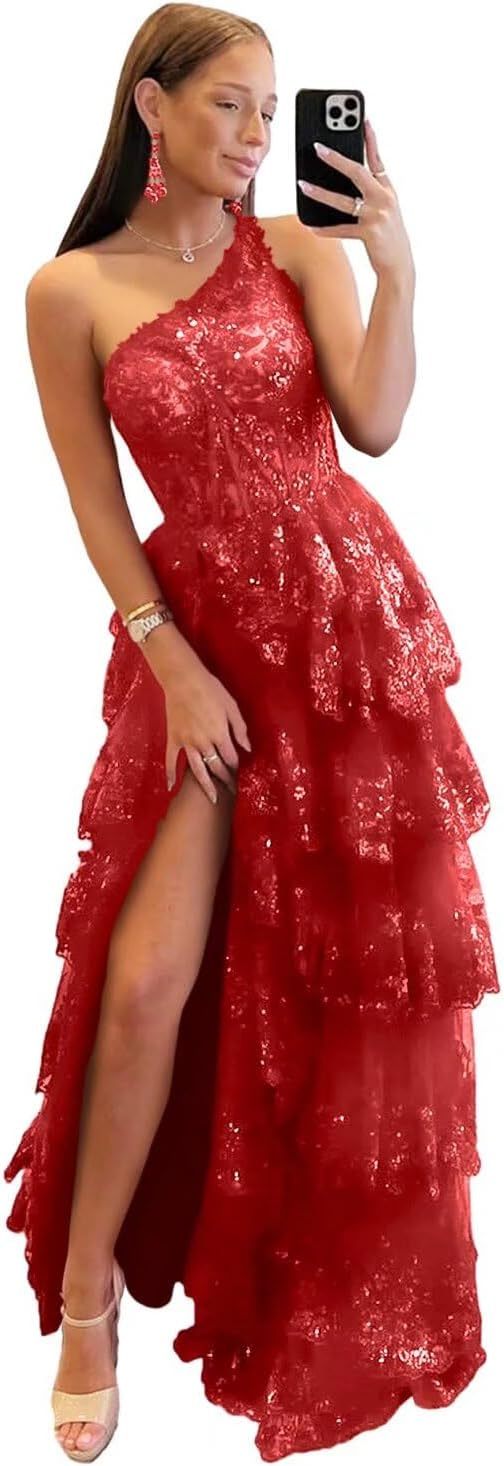 One Shoulder Lace Tulle Tiered Prom Dress Sparkly Sequined Applique Long Maxi Formal Evening Party Gowns 2025-BMbridal.UK
