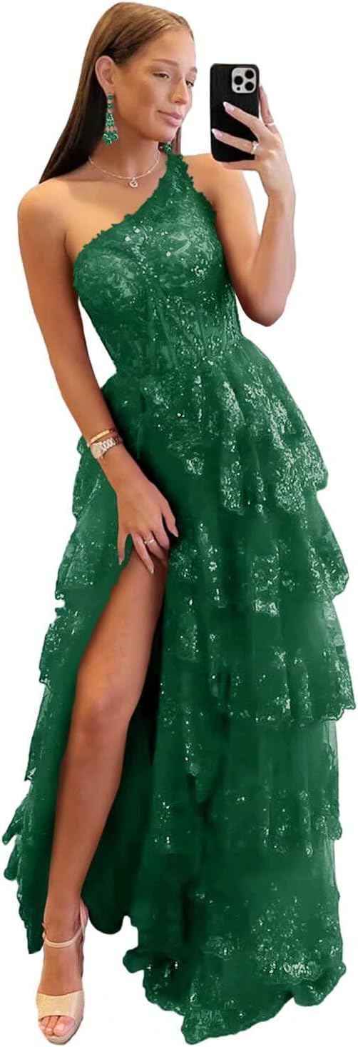 One Shoulder Lace Tulle Tiered Prom Dress Sparkly Sequined Applique Long Maxi Formal Evening Party Gowns 2025-BMbridal.UK