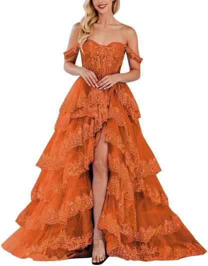 Lace Appliques Prom Dresses for Women Sparkly Tiered Tulle Off The Shoulder Formal Evening Gowns with Slit-BMbridal.UK