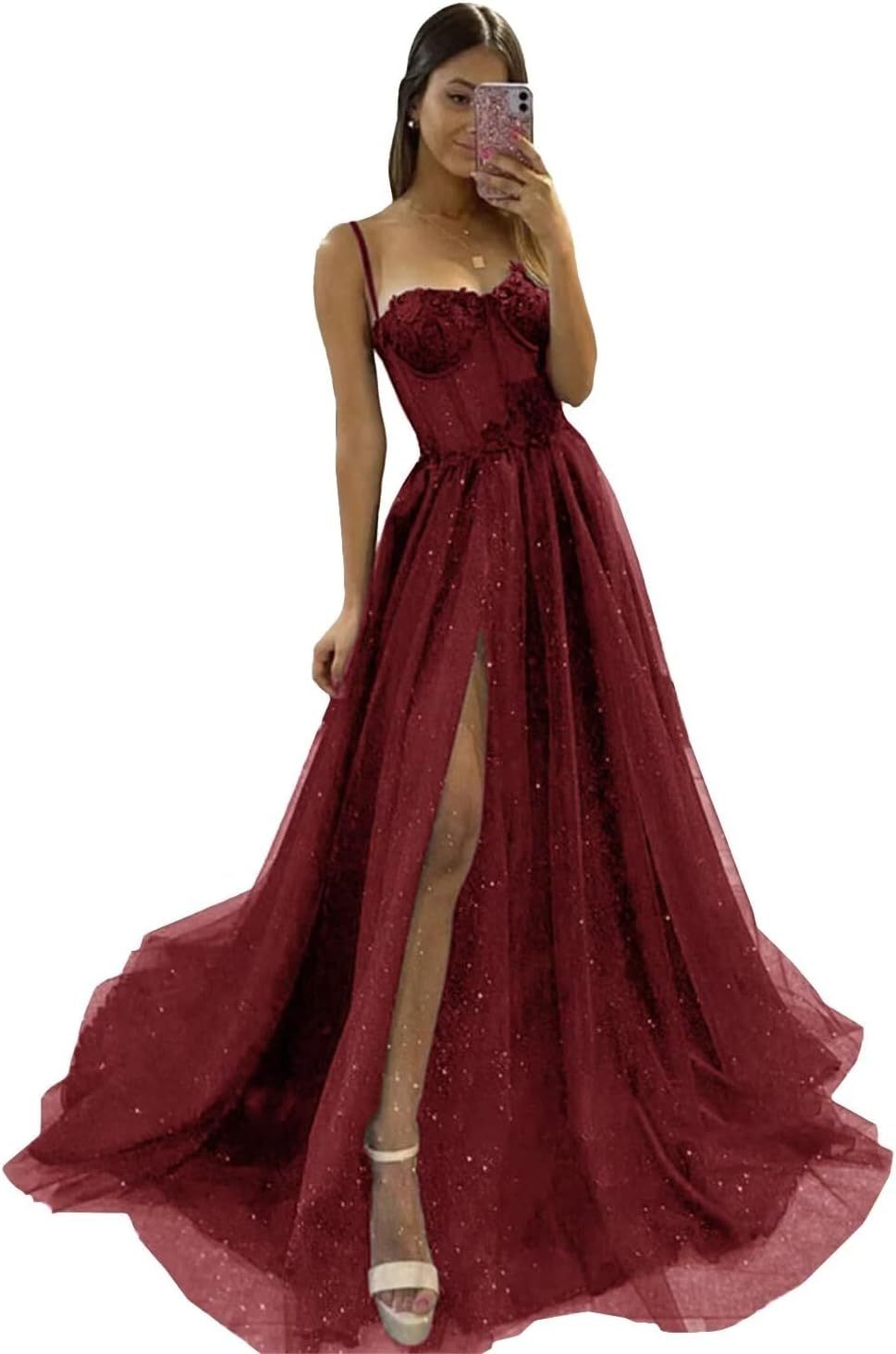 Glitter Tulle Prom Dresses Long 2025 Spaghetti Straps Sweetheart 3D Flowers Evening Party Gowns with Slit-BMbridal.UK