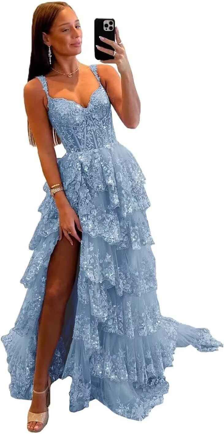 Sparkly Tiered Lace Tulle Prom Dresses Long 2025 Spaghetti Straps Formal Corset Evening Gown with Slit-BMbridal.UK