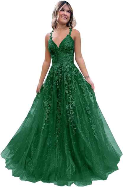 Tulle Lace Appliques Sparkly Prom Dresses A Line with Slit V Neck Formal Party Dress-BMbridal.UK