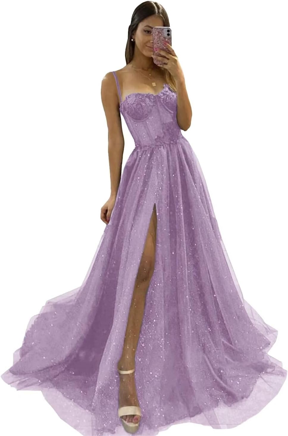 Glitter Tulle Prom Dresses Long 2025 Spaghetti Straps Sweetheart 3D Flowers Evening Party Gowns with Slit-BMbridal.UK