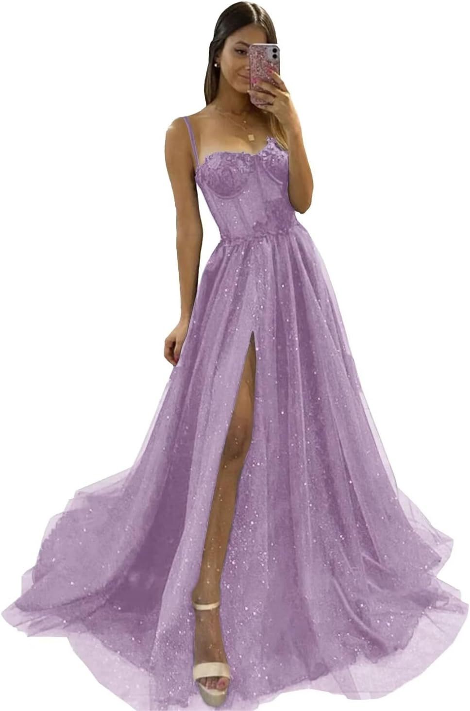 Glitter Tulle Prom Dresses Long 2025 Spaghetti Straps Sweetheart 3D Flowers Evening Party Gowns with Slit-BMbridal.UK