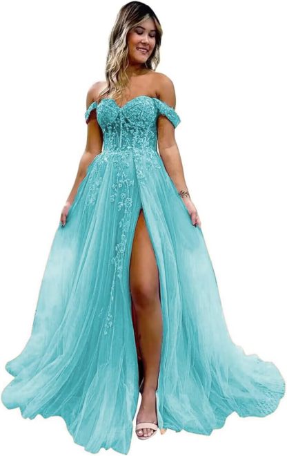 Off The Shoulder Tulle Prom Dresses with Slit Laces Applique Sweetheart Long Formal Evening Party Gowns-BMbridal.UK