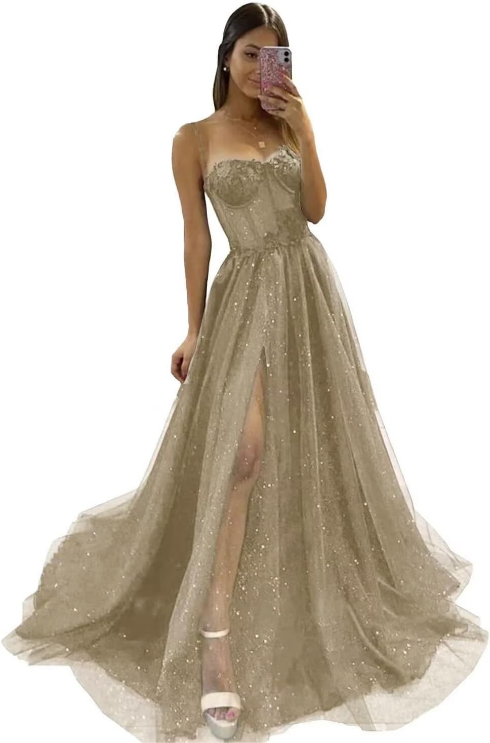 Glitter Tulle Prom Dresses Long 2025 Spaghetti Straps Sweetheart 3D Flowers Evening Party Gowns with Slit-BMbridal.UK