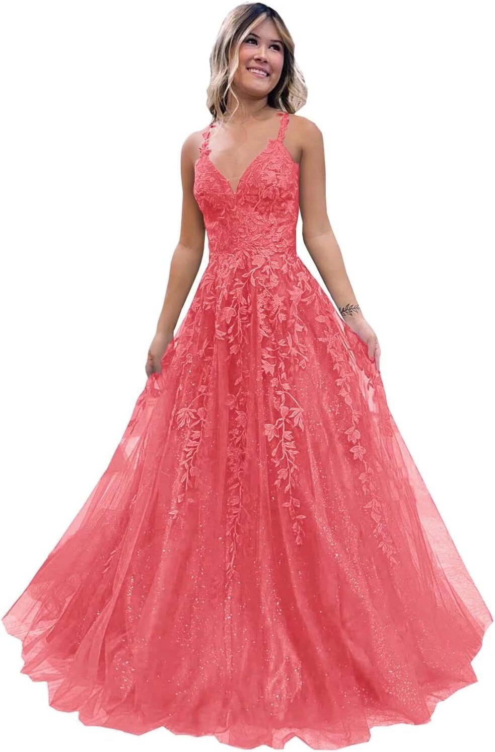 Tulle Lace Appliques Sparkly Prom Dresses A Line with Slit V Neck Formal Party Dress-BMbridal.UK