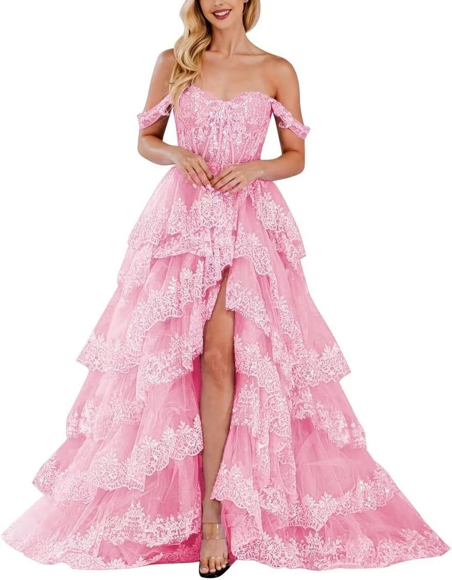 Lace Appliques Prom Dresses for Women Sparkly Tiered Tulle Off The Shoulder Formal Evening Gowns with Slit-BMbridal.UK
