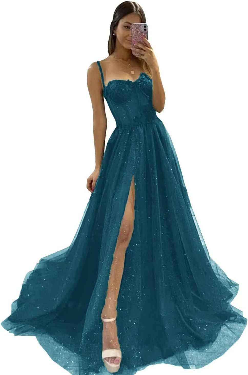 Glitter Tulle Prom Dresses Long 2025 Spaghetti Straps Sweetheart 3D Flowers Evening Party Gowns with Slit-BMbridal.UK