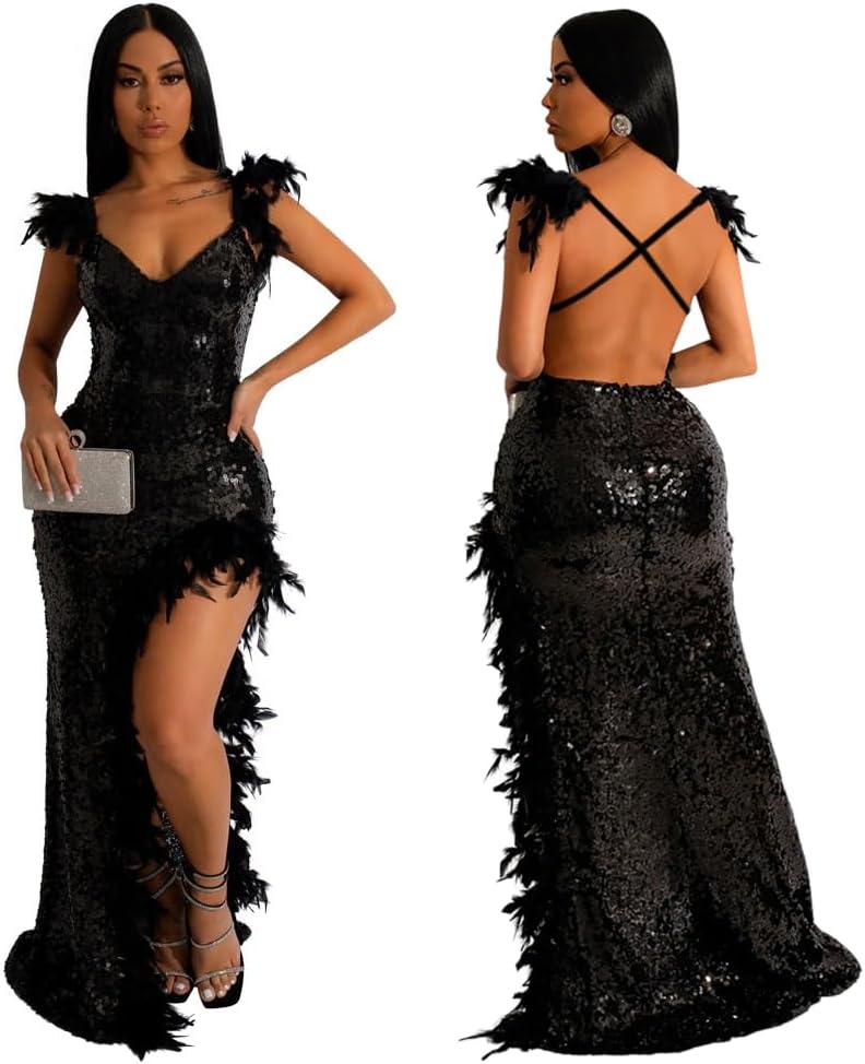 Women's Sexy Sequin Feather Prom Dresses 2025 High Slit Deep V Neck Evening Formal Masquerade Ball Gown Maxi Dress-BMbridal.UK