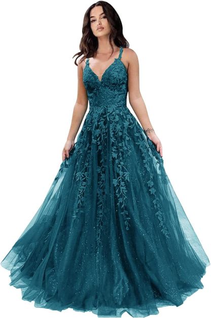 Tulle Prom Dresses for Women 2025 Sparkly Lace Appliques Long Ball Gowns Spaghetti Straps A-Line Evening Gowns-BMbridal.UK
