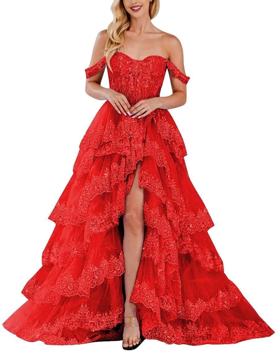 Lace Appliques Prom Dresses for Women Sparkly Tiered Tulle Off The Shoulder Formal Evening Gowns with Slit-BMbridal.UK
