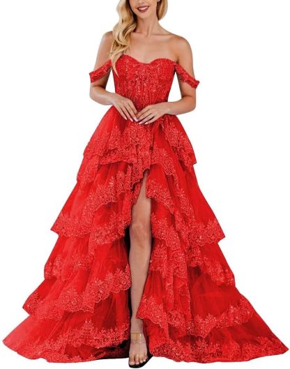Lace Appliques Prom Dresses for Women Sparkly Tiered Tulle Off The Shoulder Formal Evening Gowns with Slit-BMbridal.UK