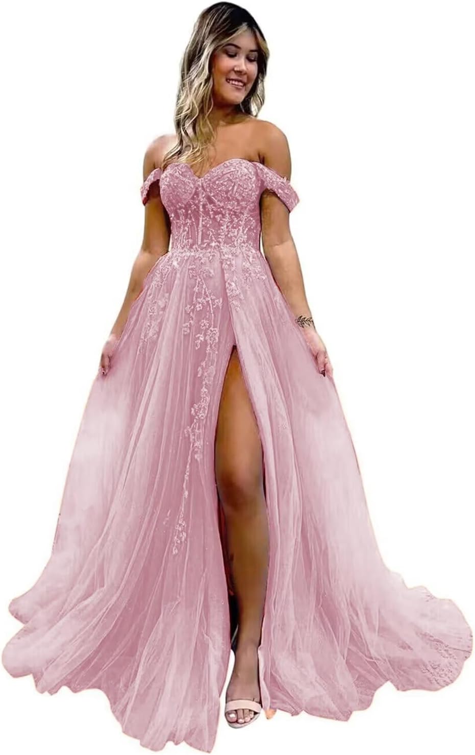 Off The Shoulder Tulle Prom Dresses with Slit Laces Applique Sweetheart Long Formal Evening Party Gowns-BMbridal.UK