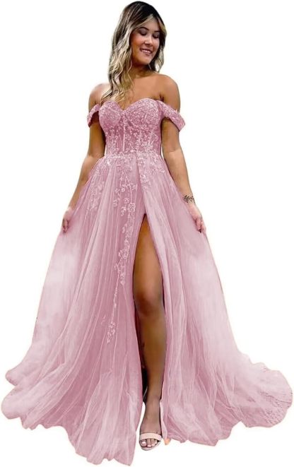 Off The Shoulder Tulle Prom Dresses with Slit Laces Applique Sweetheart Long Formal Evening Party Gowns-BMbridal.UK