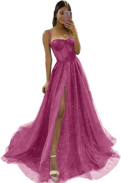 Glitter Tulle Prom Dresses Long 2025 Spaghetti Straps Sweetheart 3D Flowers Evening Party Gowns with Slit-BMbridal.UK