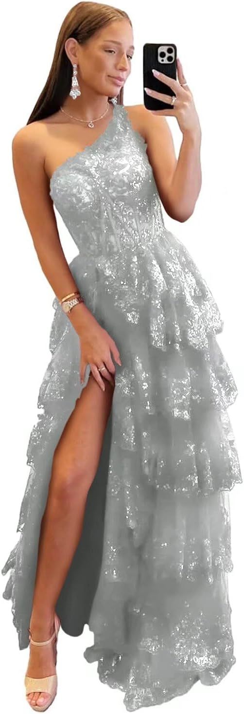 One Shoulder Lace Tulle Tiered Prom Dress Sparkly Sequined Applique Long Maxi Formal Evening Party Gowns 2025-BMbridal.UK