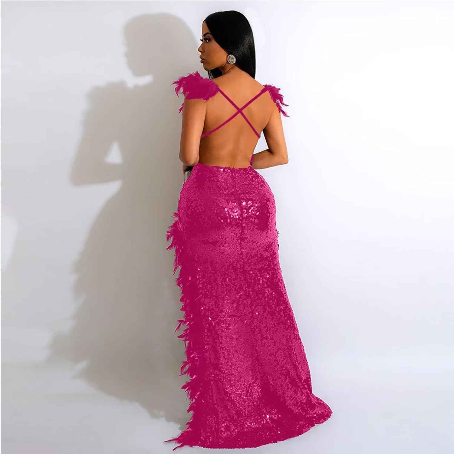 Women's Sexy Sequin Feather Prom Dresses 2025 High Slit Deep V Neck Evening Formal Masquerade Ball Gown Maxi Dress-BMbridal.UK