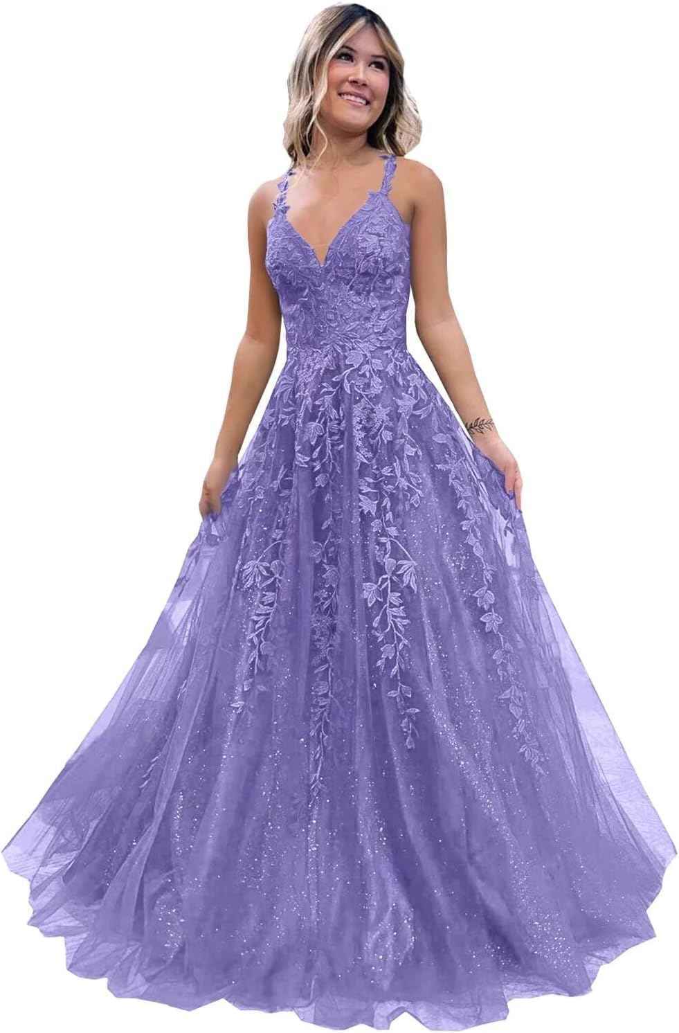 Tulle Lace Appliques Sparkly Prom Dresses A Line with Slit V Neck Formal Party Dress-BMbridal.UK