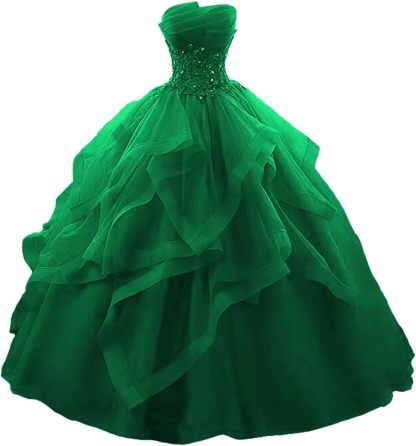 Prom Dress Long Ruffles Ball Gown Quinceanera Dresses Strapless Lace Tulle Beaded Princess Evening Dress-BMbridal.UK