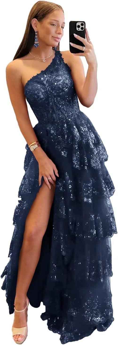 One Shoulder Lace Tulle Tiered Prom Dress Sparkly Sequined Applique Long Maxi Formal Evening Party Gowns 2025-BMbridal.UK