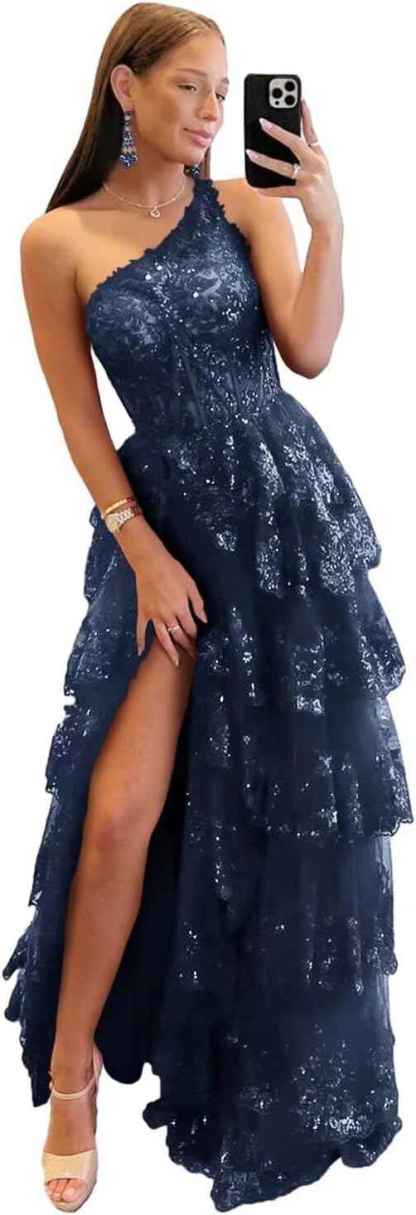 One Shoulder Lace Tulle Tiered Prom Dress Sparkly Sequined Applique Long Maxi Formal Evening Party Gowns 2025-BMbridal.UK
