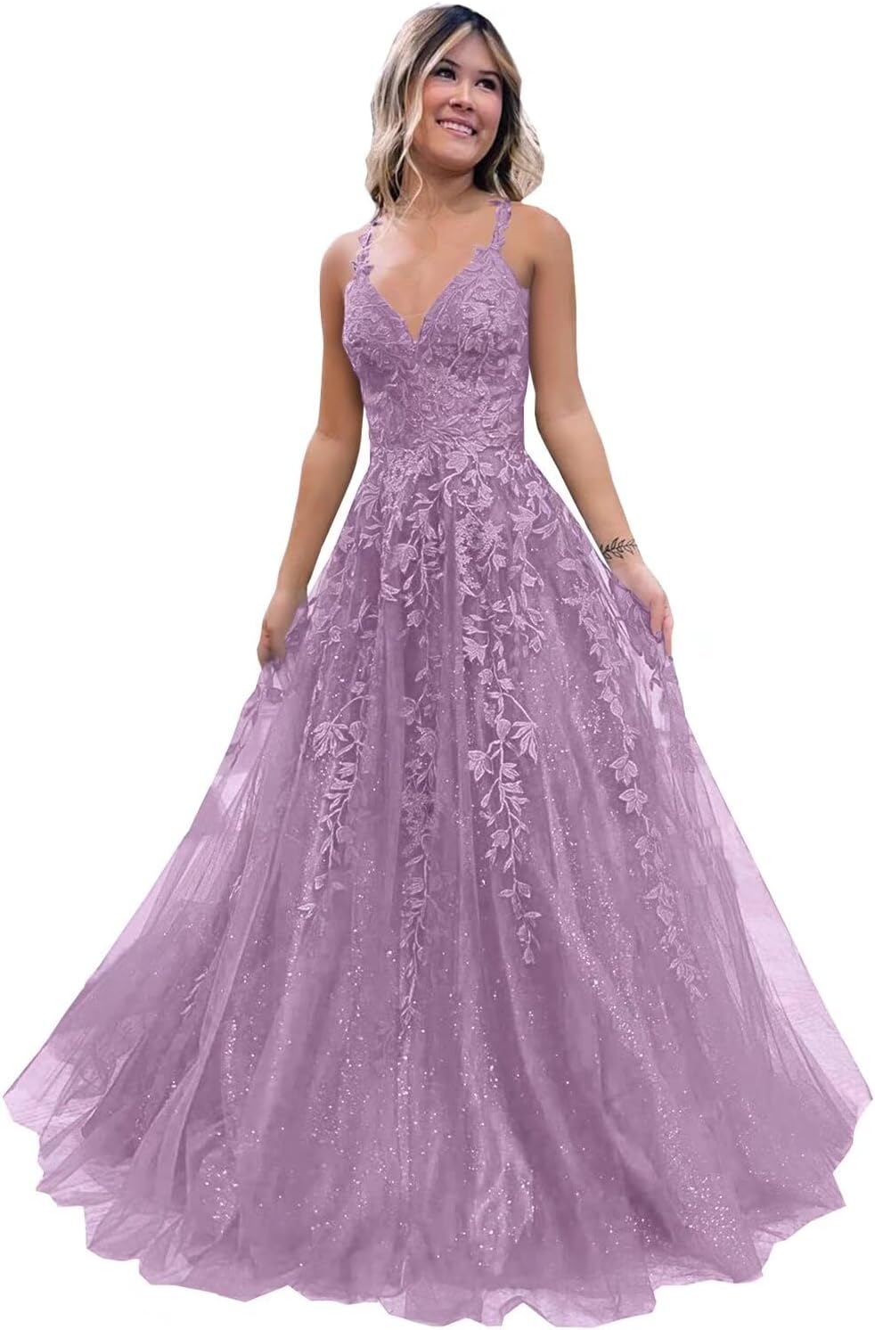 Tulle Lace Appliques Sparkly Prom Dresses A Line with Slit V Neck Formal Party Dress-BMbridal.UK